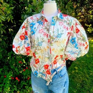 MADE FOR LIFE Floral Puff Sleeve Cropped Blouse - Orange Blue, Yellow
